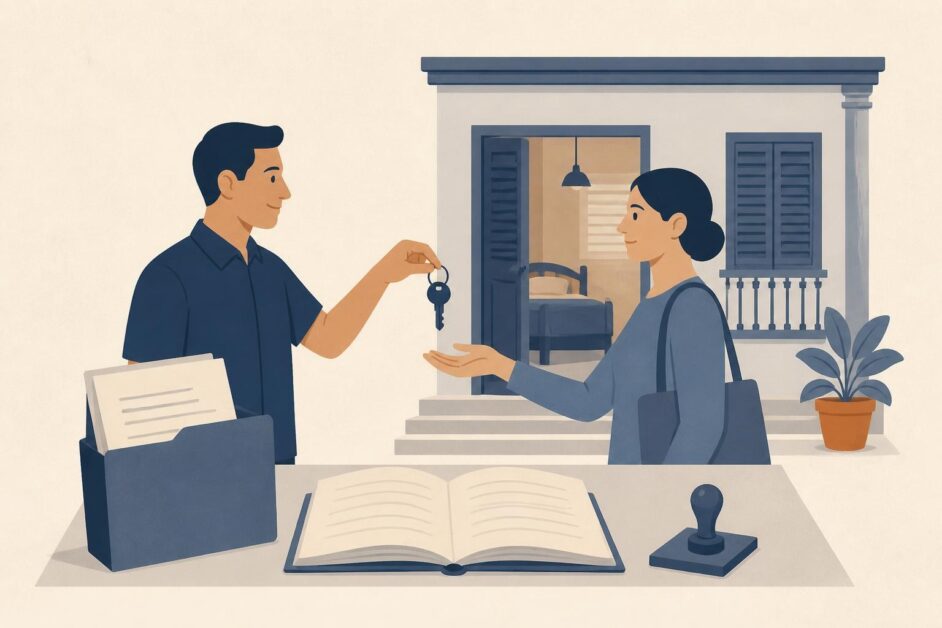 Propietario entrega una llave junto a documentos y un libro de registro frente a una vivienda.