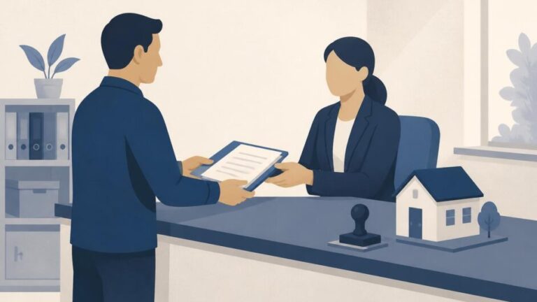 Persona entrega documentos en una oficina de registro junto a una maqueta de vivienda.