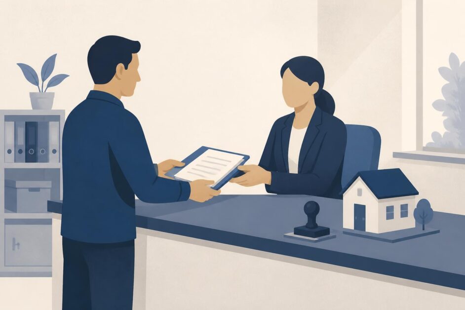 Persona entrega documentos en una oficina de registro junto a una maqueta de vivienda.
