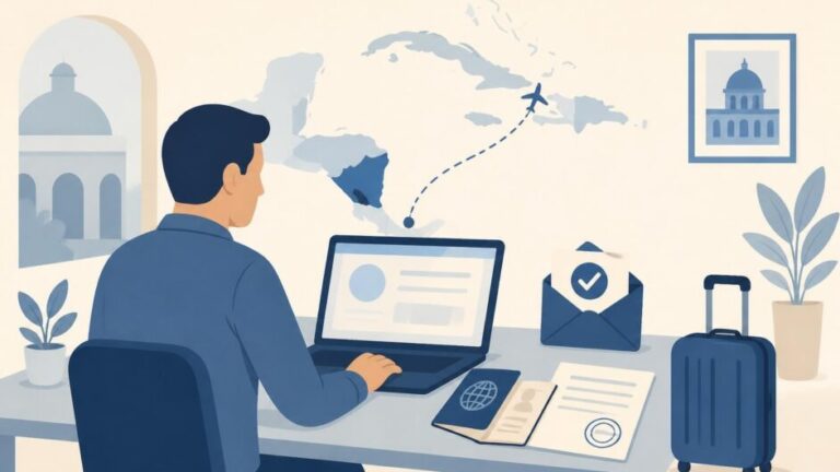Persona con pasaporte y maleta completa una solicitud digital de visa para viajar a Nicaragua.