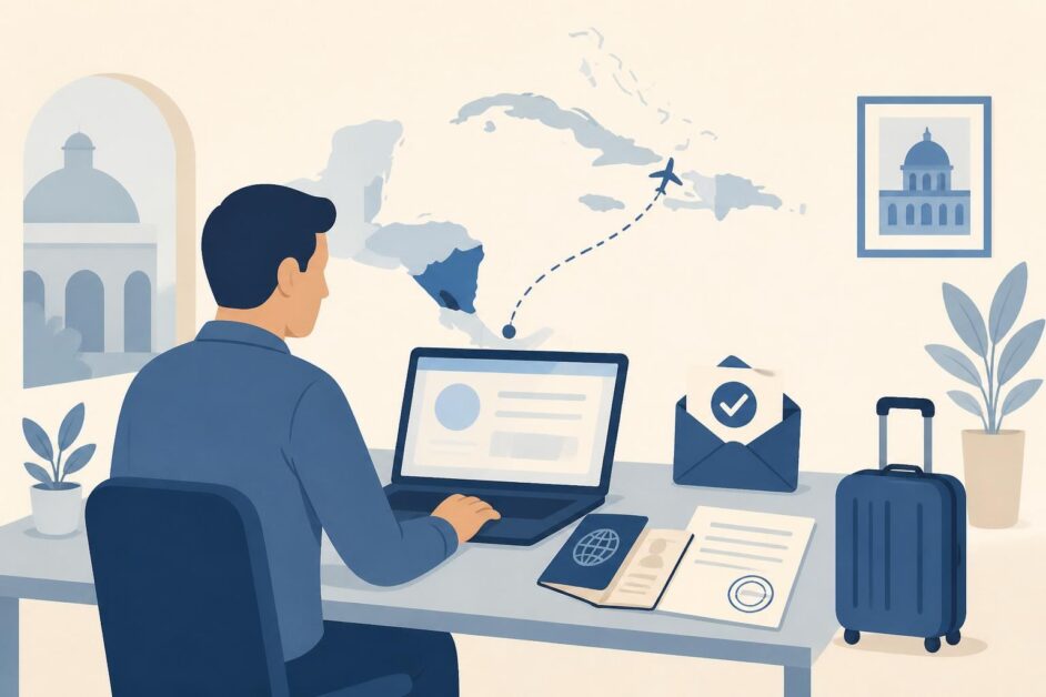 Persona con pasaporte y maleta completa una solicitud digital de visa para viajar a Nicaragua.