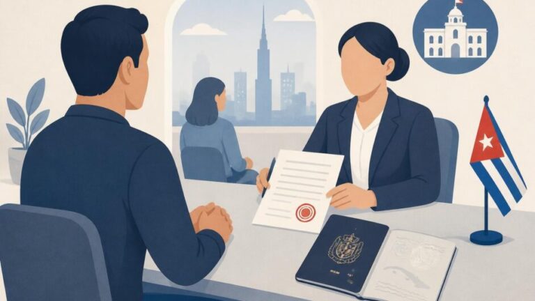 Persona entrega documentos de divorcio en una oficina consular cubana.