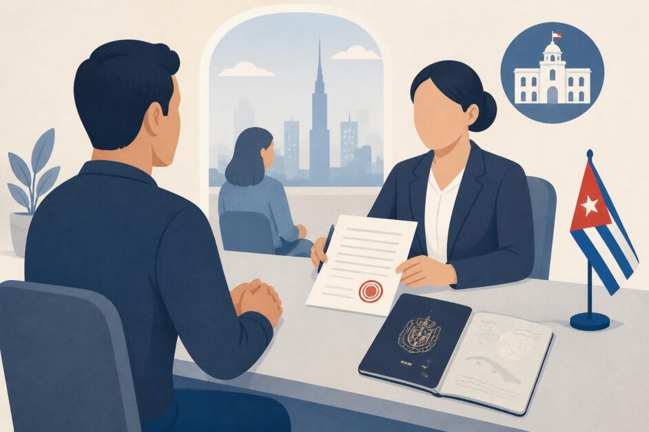 Persona entrega documentos de divorcio en una oficina consular cubana.