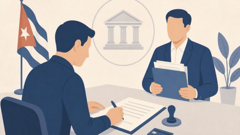 Persona firma un poder notarial mientras un representante espera con documentos bancarios.