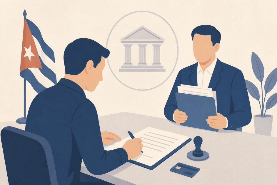 Persona firma un poder notarial mientras un representante espera con documentos bancarios.