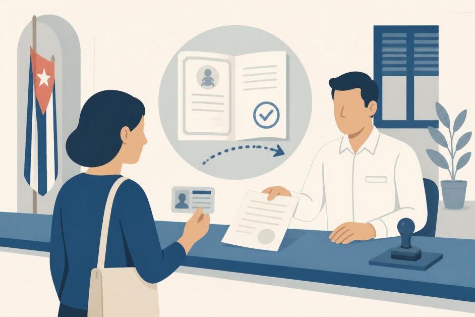 Persona recibe documentos actualizados en una oficina de Registro Civil.