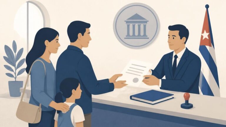 Familia ante un registrador civil entregando documentos para formalizar la filiación.