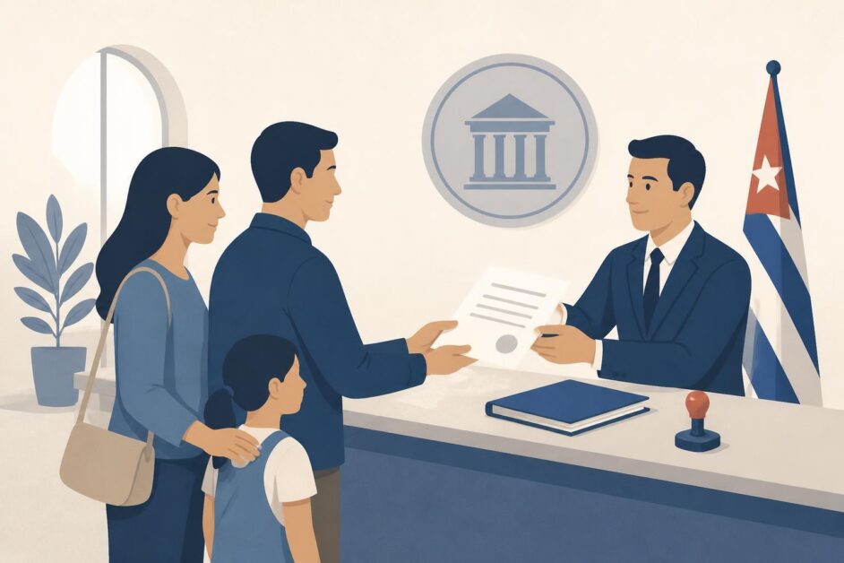 Familia ante un registrador civil entregando documentos para formalizar la filiación.