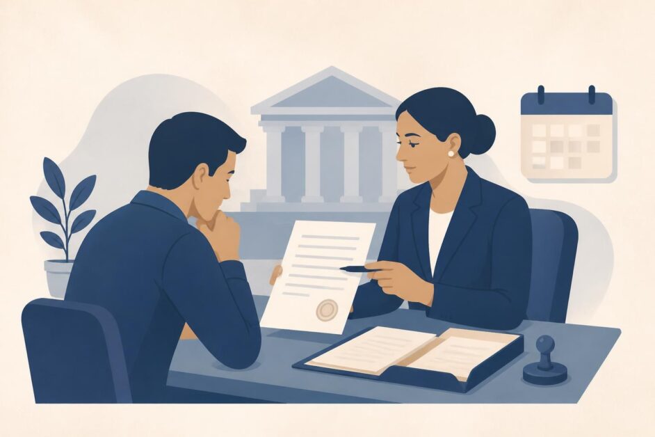 Persona y abogada revisan un documento judicial ante un tribunal estilizado.