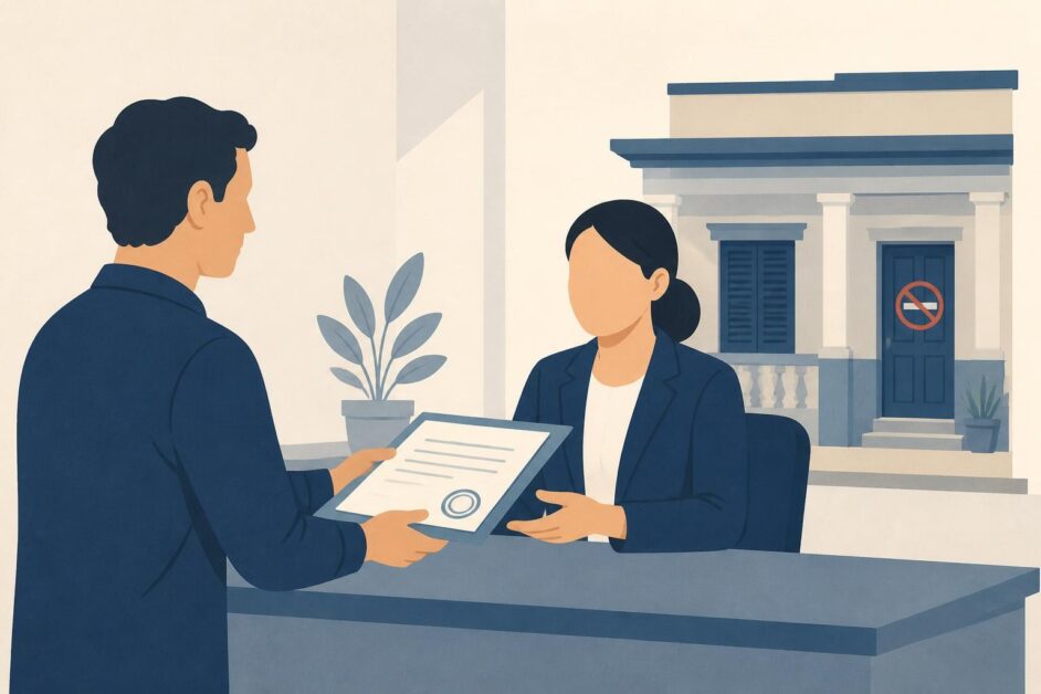 Titular entrega documentos a una funcionaria de vivienda frente a una casa con acceso restringido.