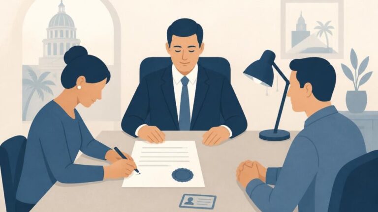 Dos personas y un notario formalizan una escritura de poder en una oficina notarial.