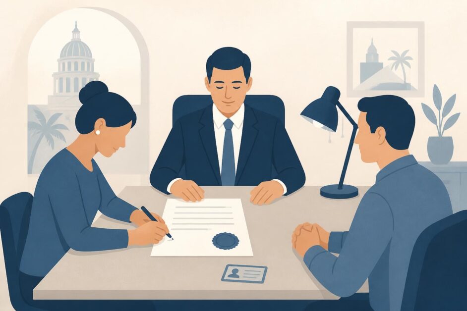 Dos personas y un notario formalizan una escritura de poder en una oficina notarial.