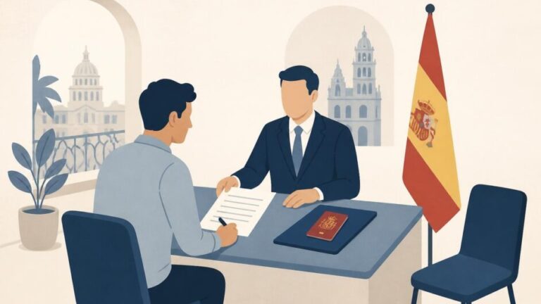 Progenitor firma un documento ante un funcionario consular para autorizar el pasaporte español de un menor.