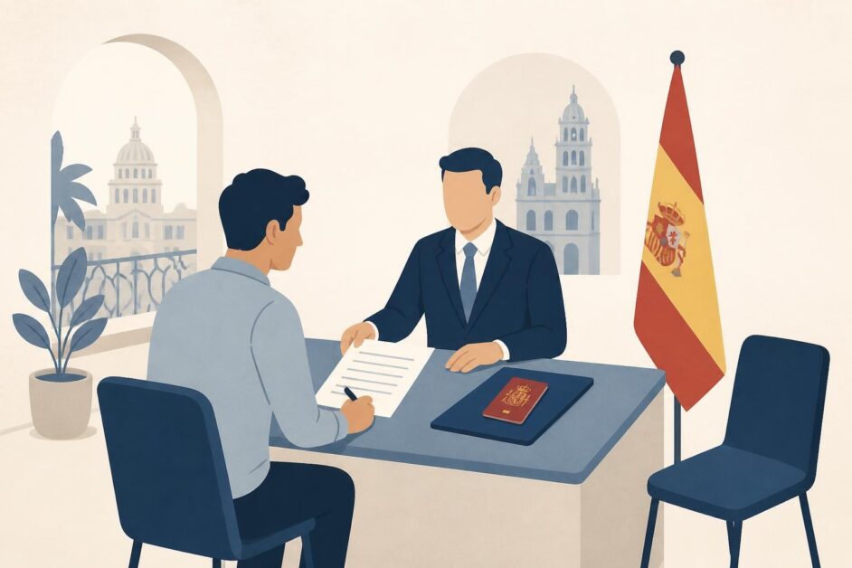 Progenitor firma un documento ante un funcionario consular para autorizar el pasaporte español de un menor.