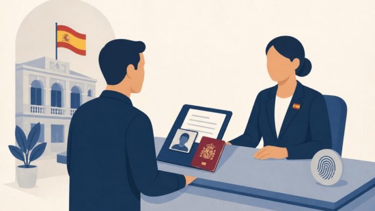 Persona entrega documentos para solicitar su primer pasaporte español ante un mostrador consular.