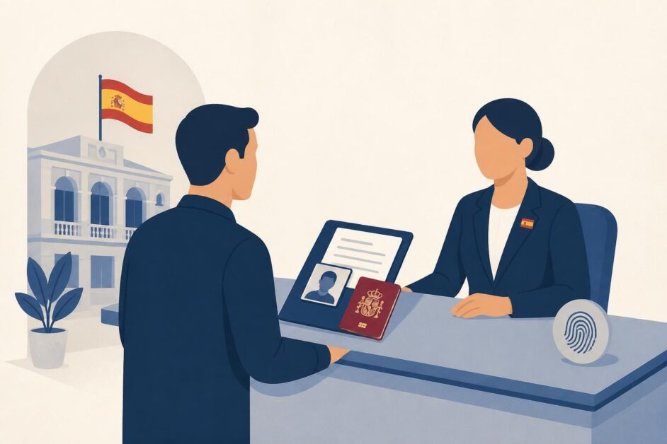 Persona entrega documentos para solicitar su primer pasaporte español ante un mostrador consular.