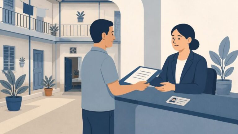 Persona presenta documentos en una oficina de vivienda, con una ciudadela al fondo.