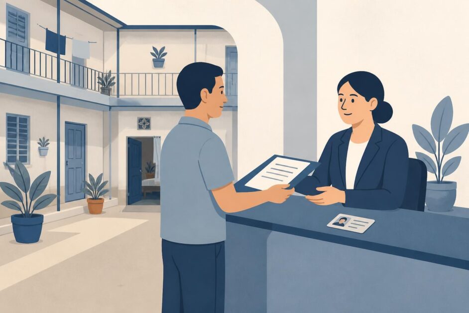 Persona presenta documentos en una oficina de vivienda, con una ciudadela al fondo.