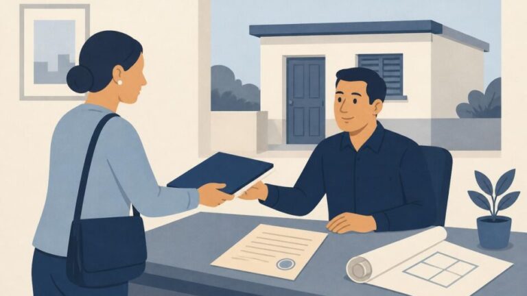 Persona entrega documentos a un funcionario para tramitar la propiedad de una pequeña vivienda.