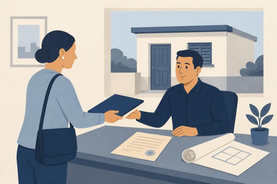 Persona entrega documentos a un funcionario para tramitar la propiedad de una pequeña vivienda.