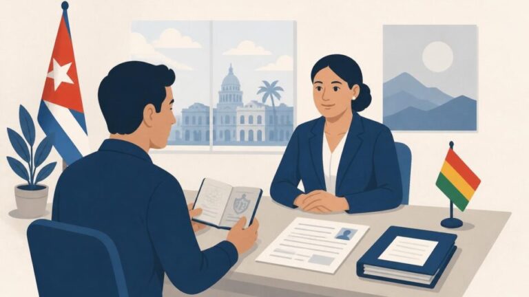 Persona entrega pasaporte, formulario y carpeta de documentos en un mostrador consular boliviano.