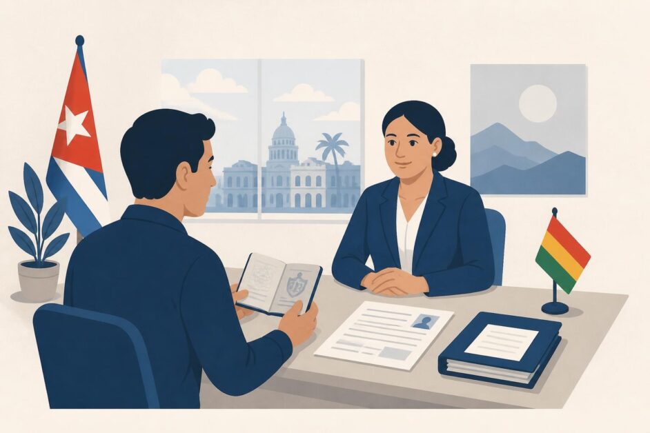 Persona entrega pasaporte, formulario y carpeta de documentos en un mostrador consular boliviano.