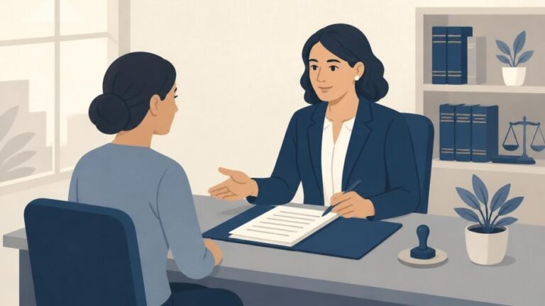 Abogada orienta a una persona en una oficina con documentos sobre el escritorio.
