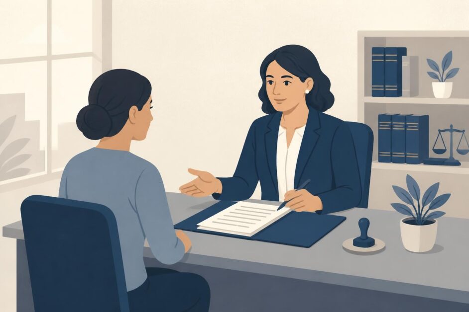 Abogada orienta a una persona en una oficina con documentos sobre el escritorio.