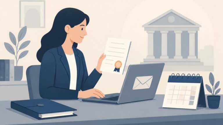 Persona prepara documentos sellados y una cita digital en una oficina jurídica.