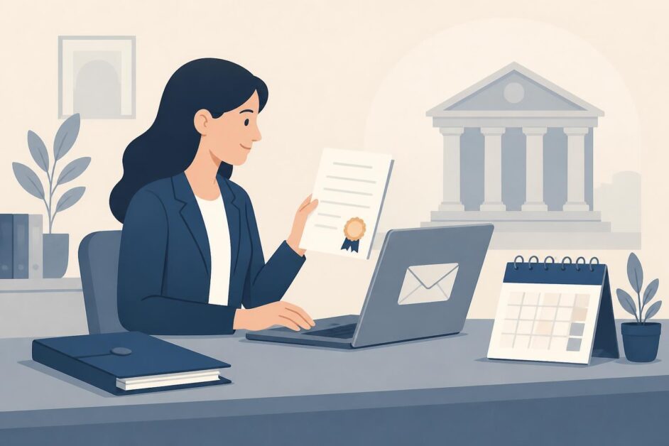 Persona prepara documentos sellados y una cita digital en una oficina jurídica.