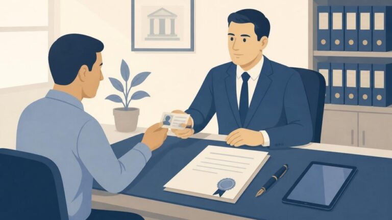 Persona solicita una copia notarial ante un notario con un documento y un archivador de protocolo.