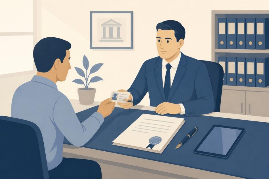 Persona solicita una copia notarial ante un notario con un documento y un archivador de protocolo.