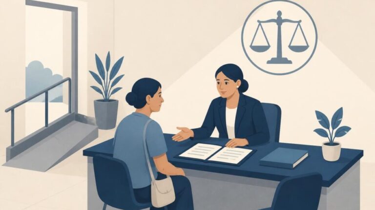Defensora atiende a una persona en una oficina jurídica accesible con documentos sobre el escritorio.