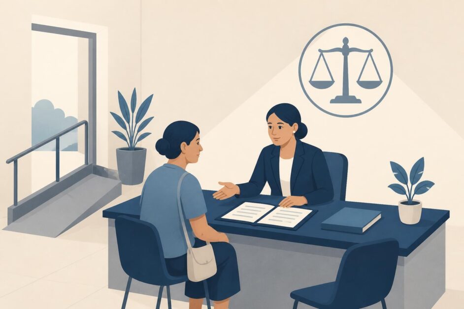 Defensora atiende a una persona en una oficina jurídica accesible con documentos sobre el escritorio.