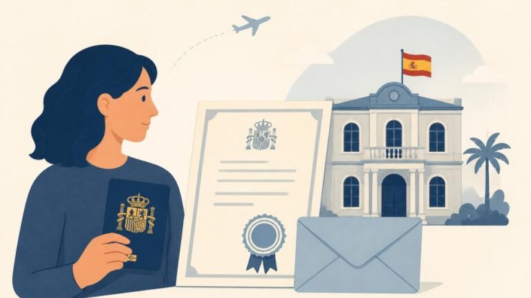 Persona con pasaporte y certificado frente a un edificio consular, junto a un sobre postal.