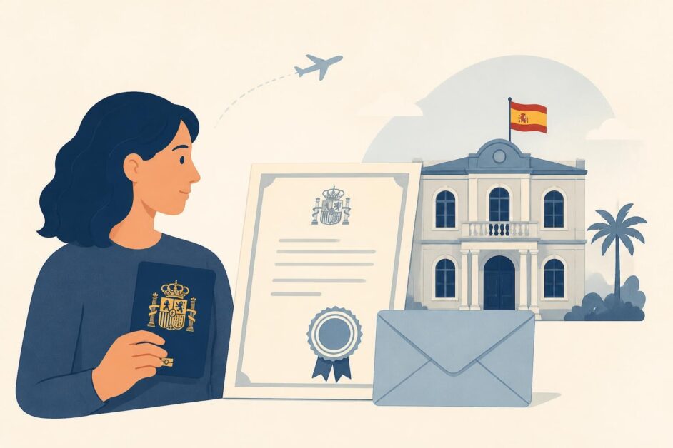 Persona con pasaporte y certificado frente a un edificio consular, junto a un sobre postal.