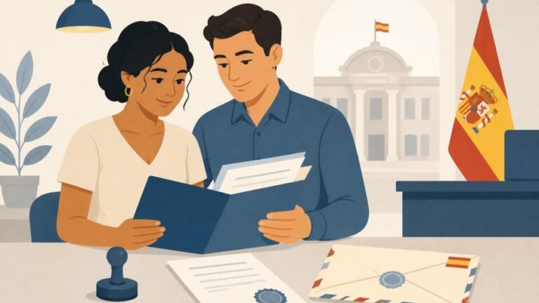 Pareja con documentos de matrimonio ante una oficina del Registro Civil español.
