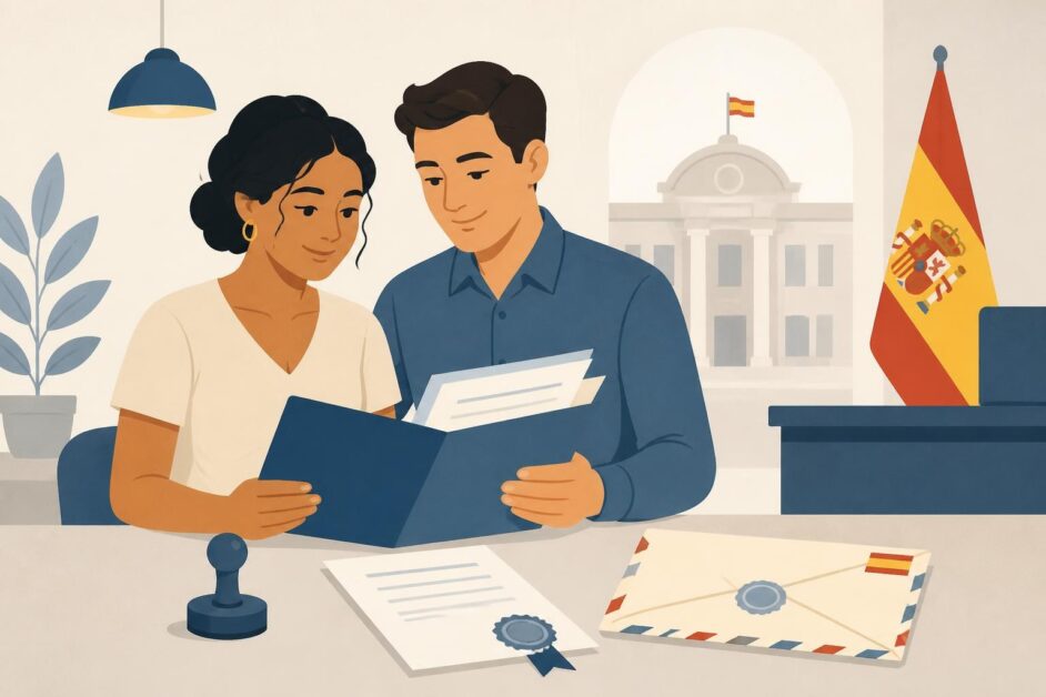 Pareja con documentos de matrimonio ante una oficina del Registro Civil español.