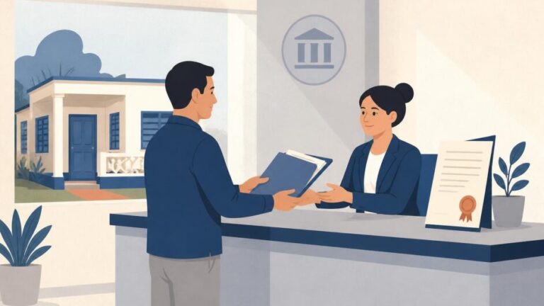 Persona entrega documentos en una oficina municipal para obtener la propiedad de una vivienda vinculada.