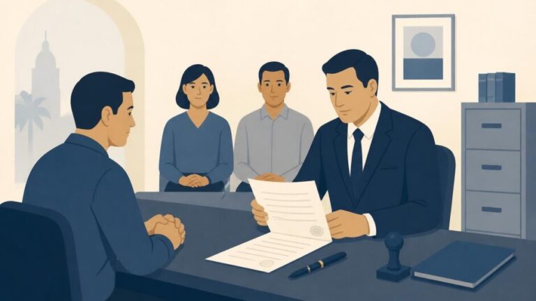 Testador ante un notario con dos testigos durante la revocación de un testamento.