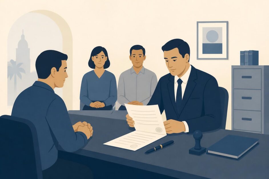 Testador ante un notario con dos testigos durante la revocación de un testamento.