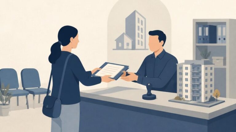 Persona entrega documentos a un funcionario en una oficina municipal con un edificio multifamiliar al fondo.