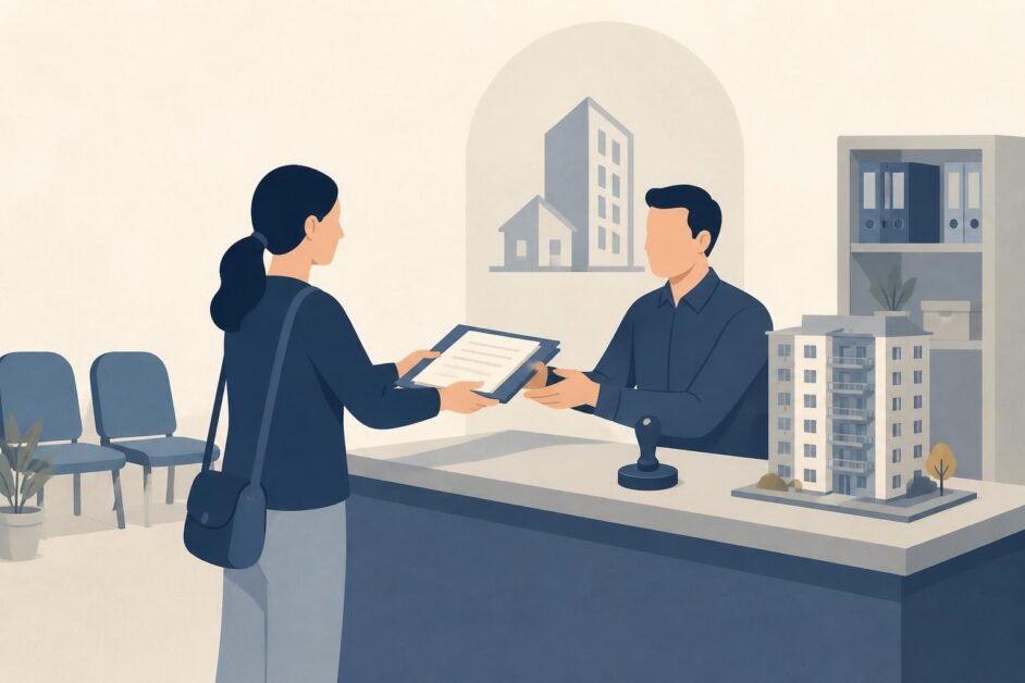 Persona entrega documentos a un funcionario en una oficina municipal con un edificio multifamiliar al fondo.