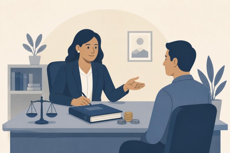 Abogada orienta a una persona en un despacho jurídico con un expediente y monedas estilizadas sobre el escritorio.
