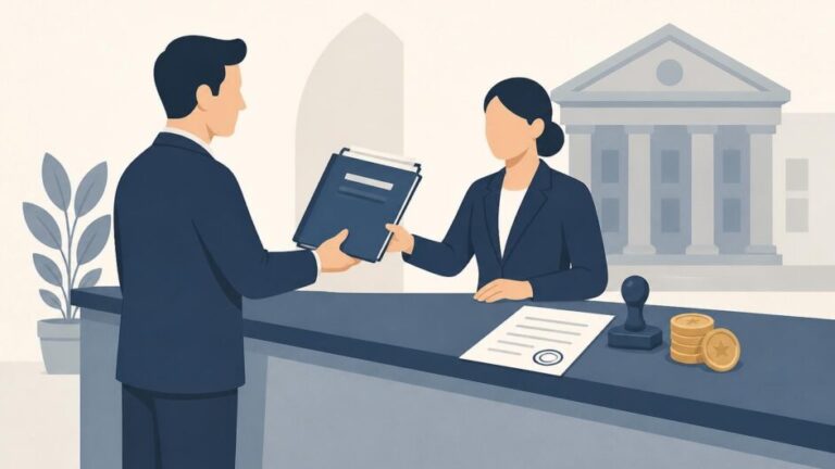 Representante de una empresa entrega documentos y recibe un comprobante en una oficina del Registro Mercantil.
