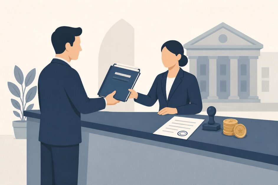 Representante de una empresa entrega documentos y recibe un comprobante en una oficina del Registro Mercantil.