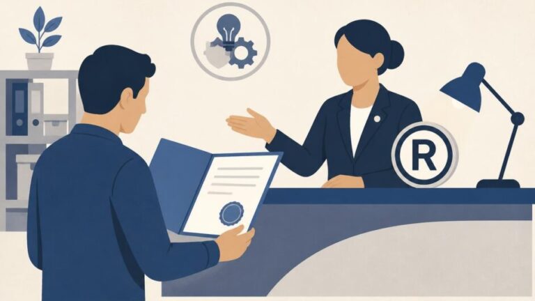 Persona consulta documentos de propiedad industrial en un mostrador institucional.