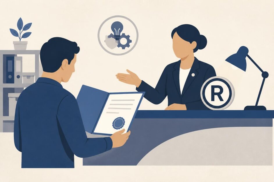 Persona consulta documentos de propiedad industrial en un mostrador institucional.