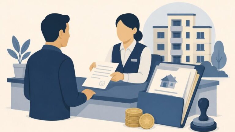 Persona entrega documentos de una vivienda en un mostrador del Registro de la Propiedad.