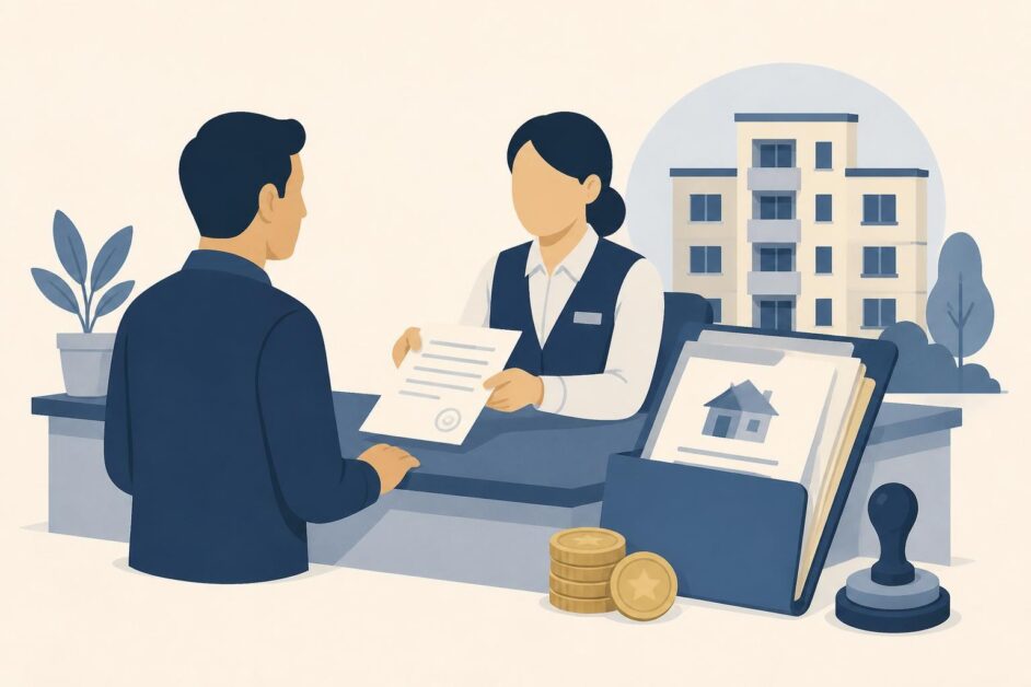 Persona entrega documentos de una vivienda en un mostrador del Registro de la Propiedad.
